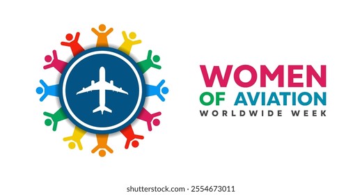 Women of Aviation Worldwide Week. People and plane. Great for cards, banners, posters, social media and more. White background.  