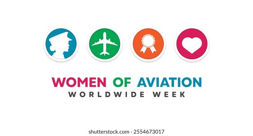 Women of Aviation Worldwide Week. Women, plane, medal and heart. Great for cards, banners, posters, social media and more. White background.  