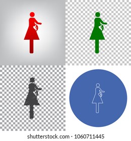 Women and baby sign. Vector. 4 styles. Red gradient in radial lighted background, green flat and gray scribble icons on transparent and linear one in blue circle.