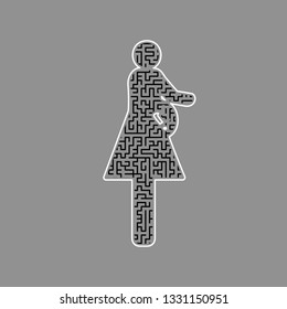 Women and baby sign. Vector. Black maze filled icon with white border at gray background.