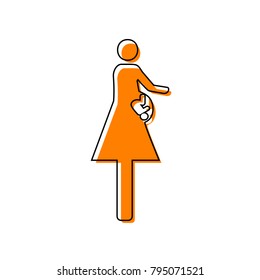 Women and baby sign. Vector. Black line icon with shifted flat orange filled icon on white background. Isolated.