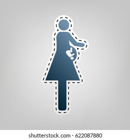 Women and baby sign. Vector. Blue icon with outline for cutting out at gray background.