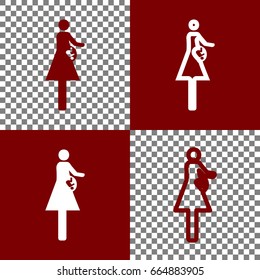 Women and baby sign. Vector. Bordo and white icons and line icons on chess board with transparent background.