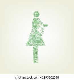 Women and baby sign. Vector. Green hexagon rastered icon and noised opacity and size at light green background with central light.