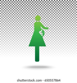 Women and baby sign. Vector. Green gradient icon with shadow at bottom on transparent and white background.