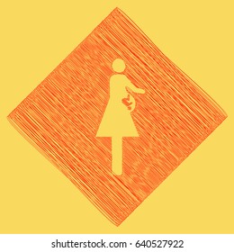 Women and baby sign. Vector. Red scribble icon obtained as a result of subtraction rhomb and path. Royal yellow background.