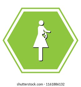 Women and baby sign. Vector. White icon with black shadow at yellow green honeycomb on white background.