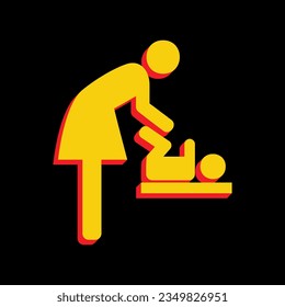 Women and baby symbol, baby changing. 3D Extruded Yellow Icon with Red Sides a Black background. Illustration.