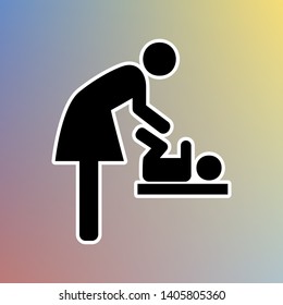 Women and baby symbol, baby changing. Black icon in white shell at pastel color background. Illustration.