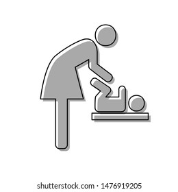 Women and baby symbol, baby changing. Black line icon with gray shifted flat filled icon on white background. Illustration.