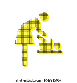 Women and baby symbol, baby changing. Vector. Yellow icon with square pattern duplicate at white background. Isolated.