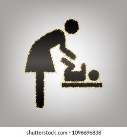 Women and baby symbol, baby changing. Vector. Blackish icon with golden stars at grayish background.