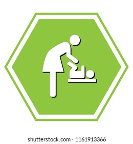 Women and baby symbol, baby changing. Vector. White icon with black shadow at yellow green honeycomb on white background.