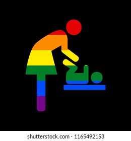 Women and baby symbol, baby changing. Vector. Icon with colors of LGBT flag at black background.