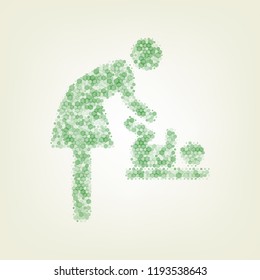 Women and baby symbol, baby changing. Vector. Green hexagon rastered icon and noised opacity and size at light green background with central light.