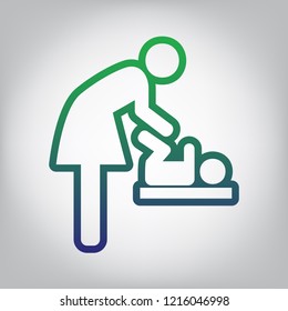 Women and baby symbol, baby changing. Vector. Green to blue gradient contour icon at grayish background with light in center.
