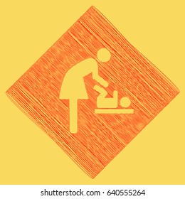 Women and baby symbol, baby changing. Vector. Red scribble icon obtained as a result of subtraction rhomb and path. Royal yellow background.