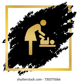 Women and baby symbol, baby changing. Vector. Golden icon at black spot inside golden frame on white background.