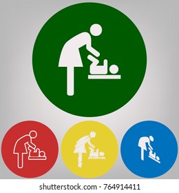 Women and baby symbol, baby changing. Vector. 4 white styles of icon at 4 colored circles on light gray background.