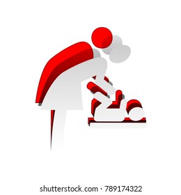 Women and baby symbol, baby changing. Vector. Detachable paper icon with red body stock. Isolated.