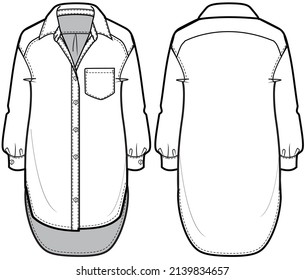 Women back long shirt dress, Women Dipped Hem Long Shirt, Kurta, Front and Back View. fashion illustration vector, CAD, technical drawing, flat drawing.	