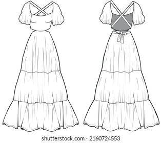 Women Back Open Criss Cross Maxi Tiered Dress With Balloon Sleeve Front and Back View. fashion illustration vector, CAD, technical drawing, flat drawing.