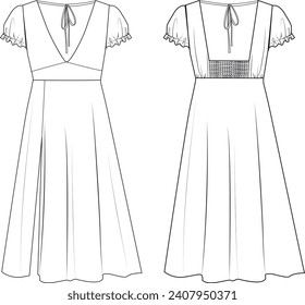 women back piping tie,back drawstring,v neck, front slit long dress technical drawing vector,fashion vector,cad