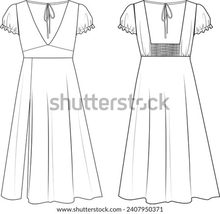 women back piping tie,back drawstring,v neck, front slit long dress technical drawing vector,fashion vector,cad
