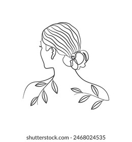Women back side face line art. Female with leaf drawing. Organic natural elements beauty salon line art and outline.