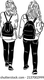 Women from back view Casual style with backpack Tourist People lifestyle Hand drawn line art Illustration