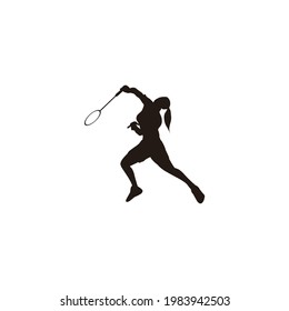 women badminton pose after receive the shuttlecock from the opponent silhouette - women are playing badminton pose after receiving shuttlecock silhouette isolated on white background