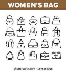 Women Bag Accessory Collection Icons Set Vector. Fashion Women Bag Baguette And Bucket, Duffel And Hobo, Saddle And Shopper Concept Linear Pictograms. Monochrome Contour Illustrations