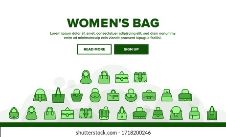 Women Bag Accessory Landing Web Page Header Banner Template Vector. Fashion Women Bag Baguette And Bucket, Duffel And Hobo, Saddle And Shopper Illustrations