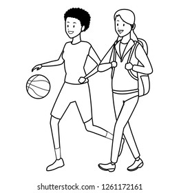 women with bag and ball black and white