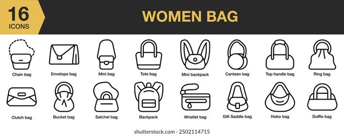 Women Bag icon set. Includes backpack, bucket, mini, tote bag, saddle, and More. Outline icons vector collection.