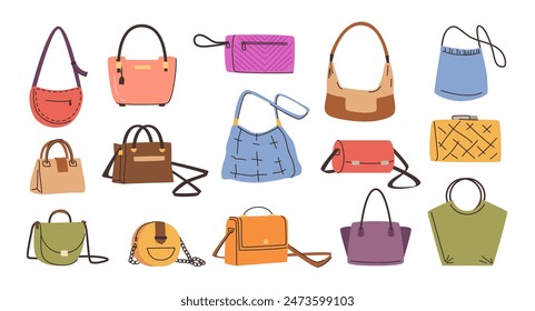 Women bags and accessories for girl outfits. Vector isolated stylish modern lady clutches and cross body purses. Modern and fashionable addition to looks. Variety of models with chains and decor