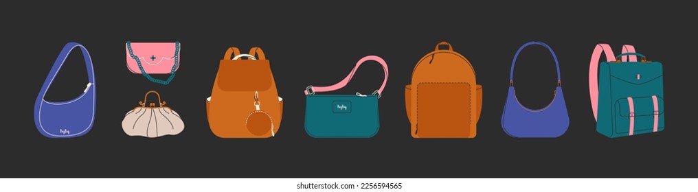 Women bags and backpacks. Cartoon female handbag cross body clutch purse, casual stylish accessories. Vector flat set