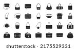 Women bags illustration including flat icons - purse, handbag, clutch, business briefcase, backpack, leather suitcase, postback, shopper. Glyph silhouette art about clothes accessory. Black color