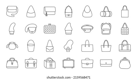 Women bags illustration including icons - purse, handbag, fashion clutch, business briefcase, backpack, leather suitcase, postback, shopper. Thin line art about clothes accessory. Editable Stroke