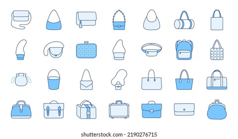 Frauen-Taschen-Illustration einschließlich Ikonen - Handtasche, Handtasche, Modekupplung, Business-Briefkasten, Rucksack, Lederkoffer, Einkaufspassage. Dünne Linie Kunst über Kleiderzubehör. Blaue Farbe, bearbeitbarer Strich