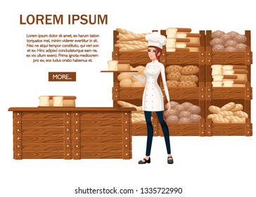 Women bakery chef. Flat vector illustration on white background. Cartoon character design. Smiling woman, chef holding silver platter with bread. Bakery shop concept. Place for text.