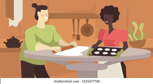 Women baking cookies. Female friends cooking together in the kitchen, roll dough with rolling pin. Two women prepare home cooked baked goods and talk. Indoors leisure activity vector illustration.