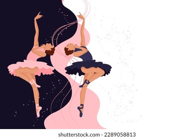 Women ballerinas dancing, classical ballet on an abstract background. Copy space banner, ballet studio poster, vector.	
