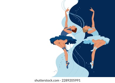 Women ballerinas dancing, classical ballet on an abstract background. Copy space banner, ballet studio poster, vector.