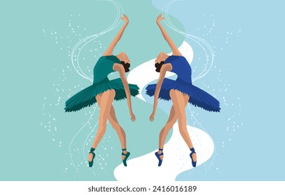 Women ballerinas dancing, classical ballet on an abstract background. Copy space banner, ballet studio poster, vector.