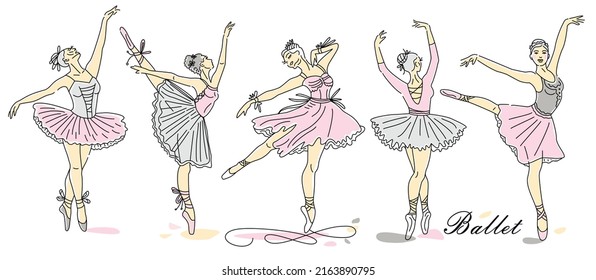 Women ballet dancer set of continuous line drawing in pink color. Dance trend logotype.