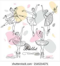 Women ballet dancer set of continuous line drawing in pink color. Dancing girls and figures