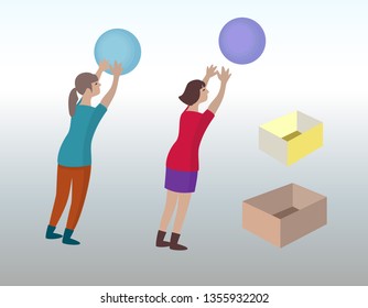 Women with balls and boxes. Set of characters in perspective view. Office accommodation, trade workers simbol. Colored signs. Vector isolated.