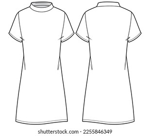 Women band collar Shift dress design flat sketch fashion illustration with front and back view, Basic short sleeve Mandarin collar shift dress cad drawing vector template