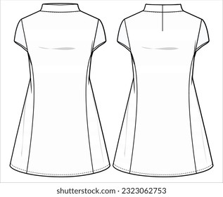 Women band collar Shift dress design flat sketch fashion illustration with front and back view, Basic Cap sleeve Mandarin collar shift dress cad drawing vector template